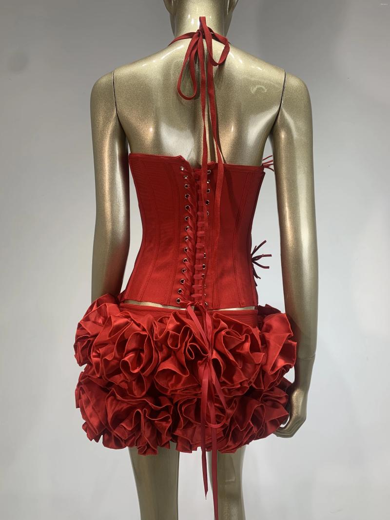 Casual Dresses Two-Piece Set Red Bandage Halter Corset Top & Rose Mini Skirt for Women - Evening Club Party Outfit C260312