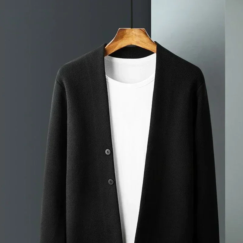 Man Clothes Solid Color Business Black Knitted Sweaters for Men Cardigan Plain Over Fit Knit Long Sleeve 100 Knitwears Mode Old 2501008