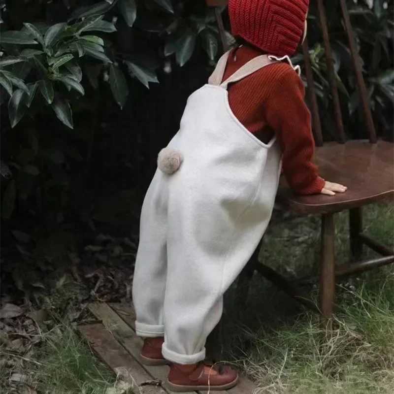 Spring Autumn Boys and Girls Overalls Solid Soft Woolen Cloth Rabbit Tail Straps Jumpsuit Children Casual Warm Pants E23430 C251009