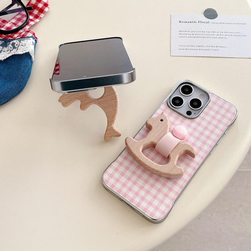 for iPhone 16 Pro Max Case Cute Aesthetic Gingham Ins Borderless Ring Wooden Horse Stand Phone Case Soft Slim TPU Shockproof Phone Cover for Women Gir