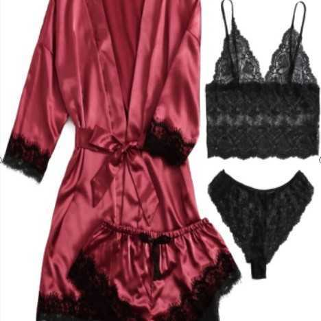 Pink Stripe Robe and Pajamas Set Women Silk Satin Lace Sleepwear Summer Sexy Faux Silk Pajamas Bathrobe Homewear Night Robe Set Z2500806