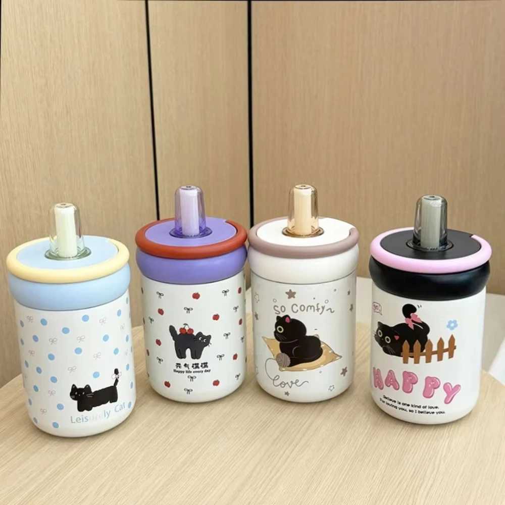 LeakProof 500ml Insulated Water Cup Cartoon Black Cat Thermos Bottle with Handle Vacuum Flask Straw Drinking Cup For Girl C251008