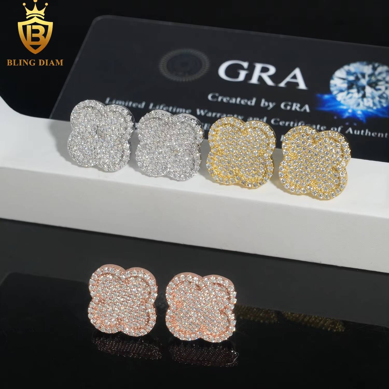 Fine Jewelry 925 Sterling Silver Vvs1 Moissanite Clover Stud Earrings Rose Gold Plated Gra Certificate