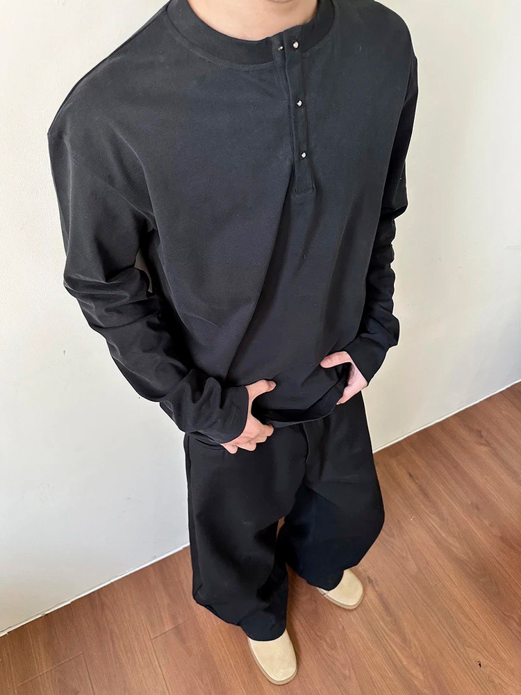 Designer Hoodie Light Gray American Style Henley Collar Long Sleeve Men's Spring And Autumn Designer Shirt High-end Silhouette T-shirt Cleanfit S