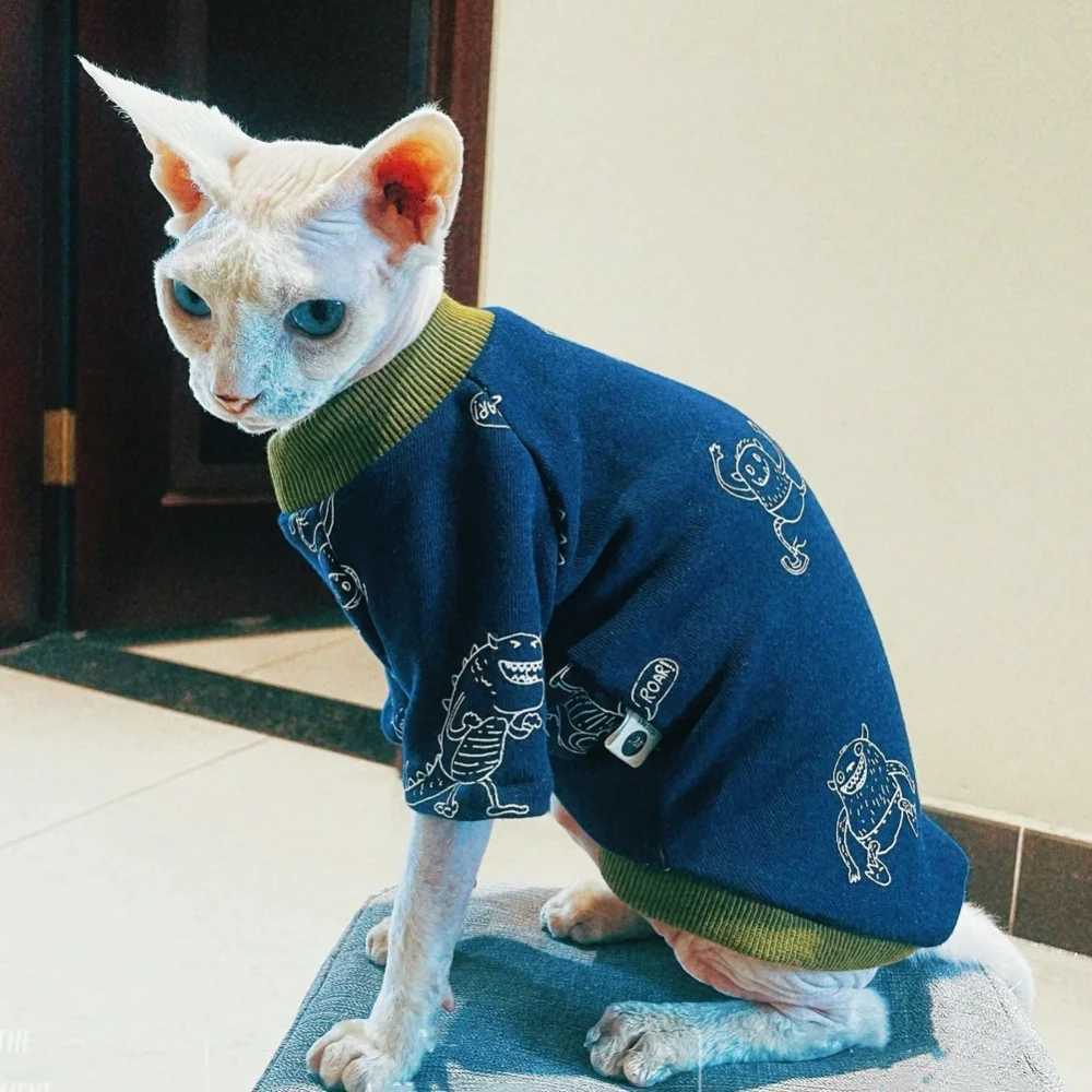 Cat Clothing Dark Blue Cotton TShirt for Male Cat Long Sleeves Dinosaur Coat for Sphynx Cat Soft Pajamas for Kittens in Spring C251009