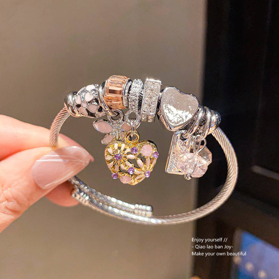 Silver - Toned Charm Bracelet With Heart - Shaped, Crystal - Encrusted And Floral - Detailed Charms Delicate Daily & Playful Jewelry Gift For Her High