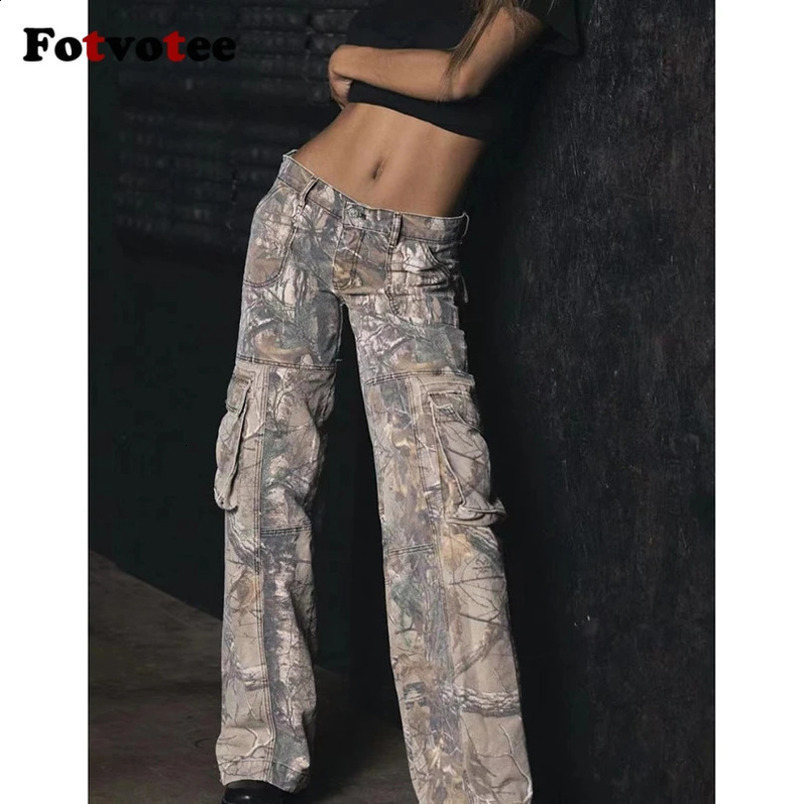 FOTVOTEE Product Pants Womens Casual Loose Unique Pattern Street Clothing Retro Jeans Fashion Wide Leg High Waist 240810wtt