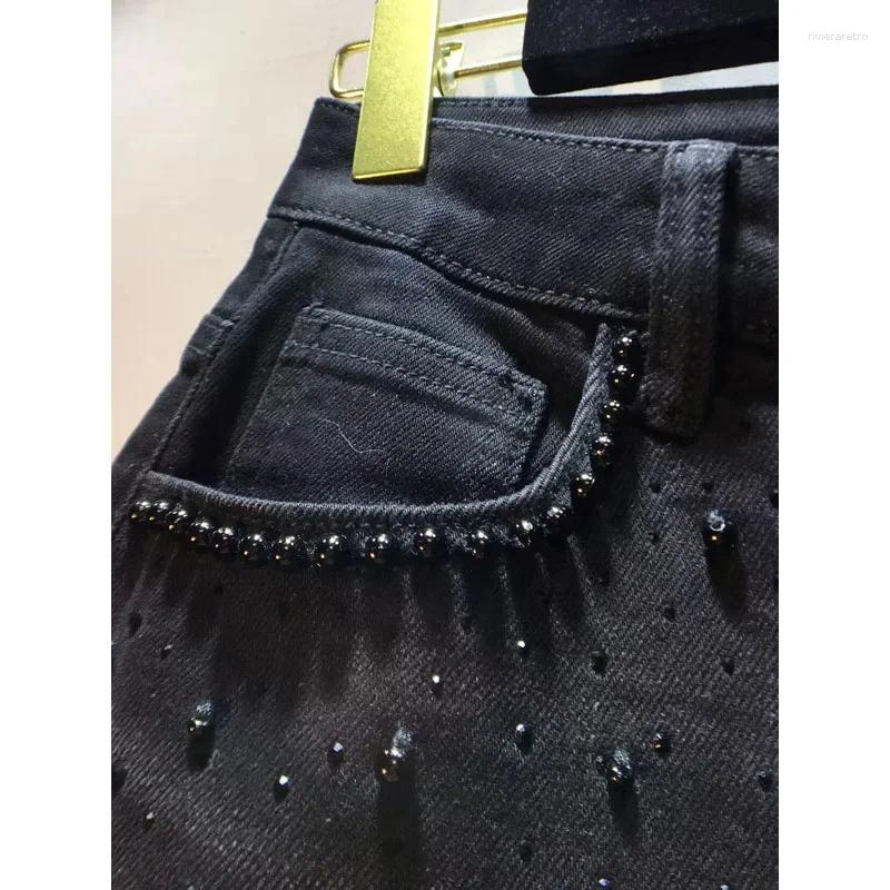 Women's Jeans Summer Denim Patchwork Hook Flower Hollow Lace Straight Leg Wide Pants Casual High Waist Heavy Embroidery Rhinestone Z260313