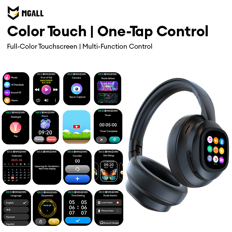 MGALL X1 Pro Wireless Bluetooth 6.0 Headphones with Detachable Full Color LCD Touch Screen, Support Customizable Screen Wallpaper, Audio Headset for M