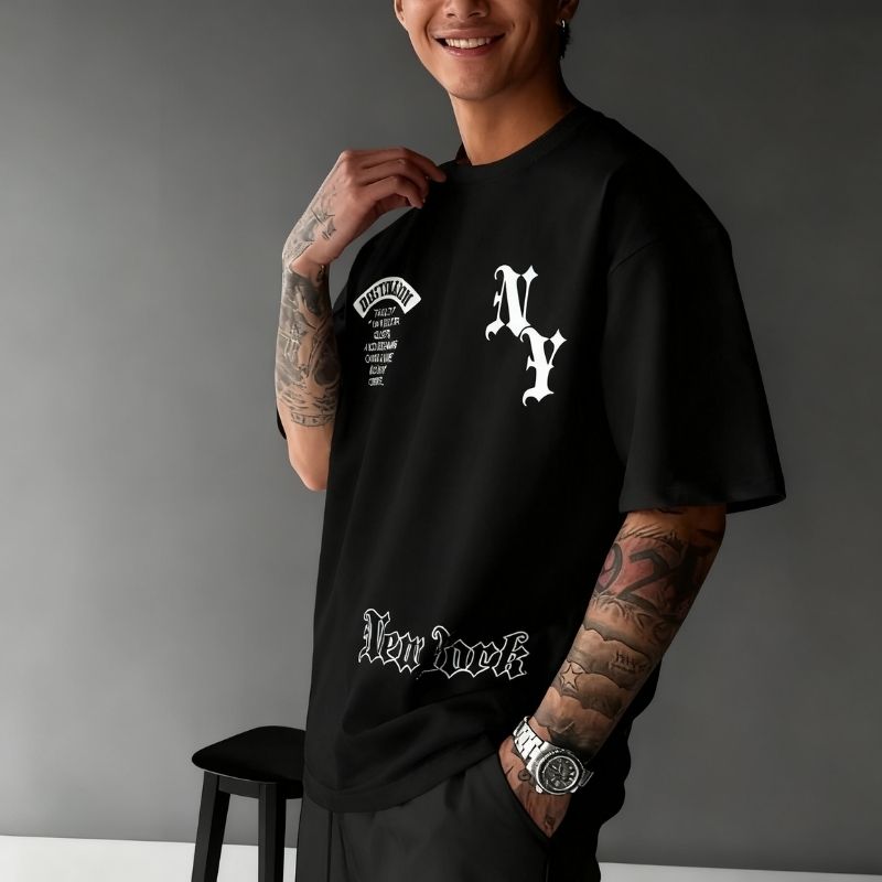 Men's Streetwear New York "NY" Graphic Oversized T-Shirt - "The City That Never Sleeps" Slogan Casual Tee-26
