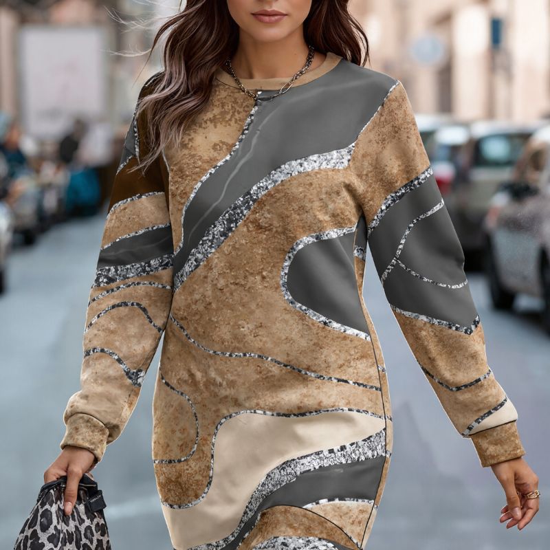 Women's Autumn Winter Marble Print Sweatshirt Dress - Elegant Commute Retro Printed Dress-CF41303