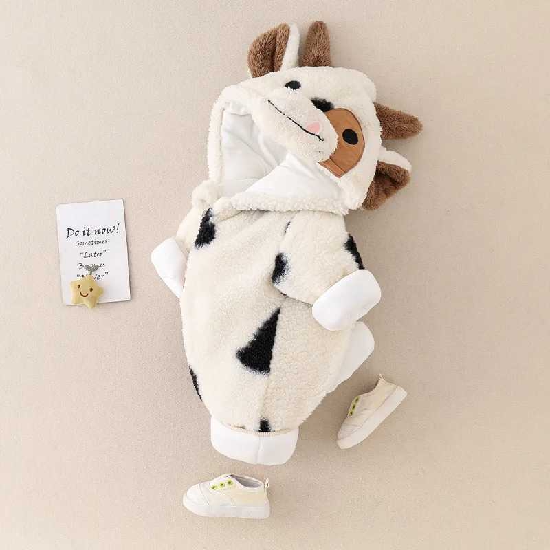 Cute Winter Baby Girls Boys Hooded Romper Plush Cow Print Zipper Jumpsuit Toddler Long Sleeve Cartoon Playsuits Party Costume C251009