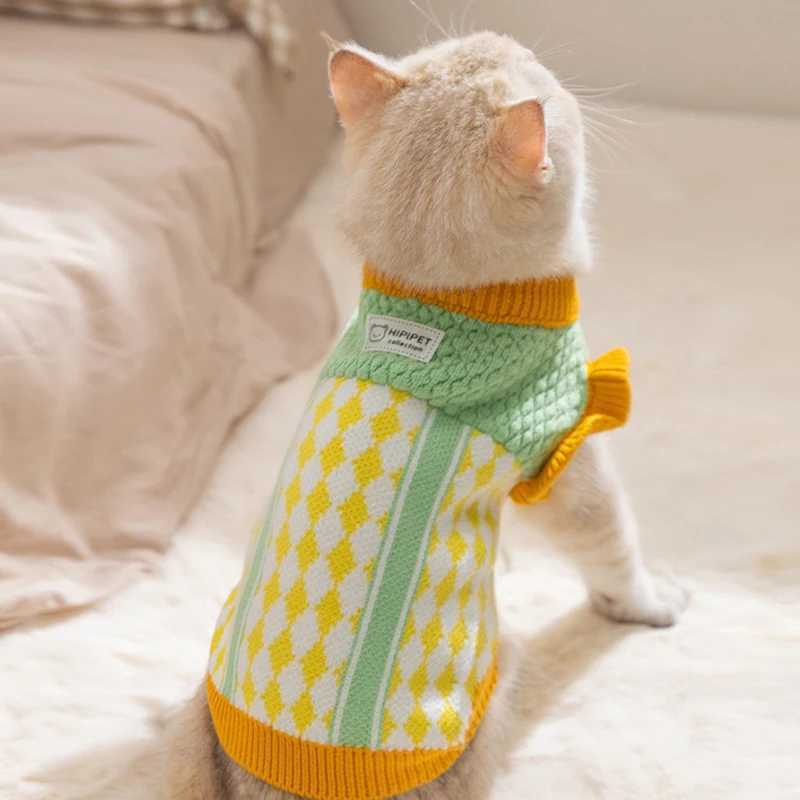Diamond Grid Solid Cat Sweaters Warm Wool Knitting Winter Sphinx Small Dogs Clothing Ruffle Sleeve Female Girl Puppy Overalls C251009