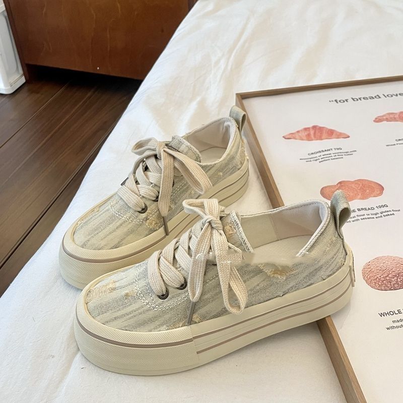 Free shipping Multi-Color Distressed Denim Platform Sneakers with Lace-Up Design Fashion Retro Stylish Versatile Casual Shoes