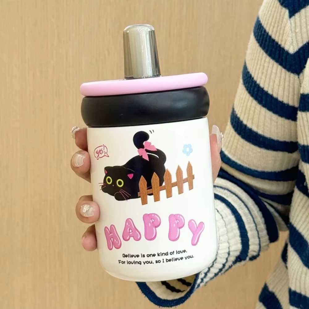 LeakProof 500ml Insulated Water Cup Cartoon Black Cat Thermos Bottle with Handle Vacuum Flask Straw Drinking Cup For Girl C251008