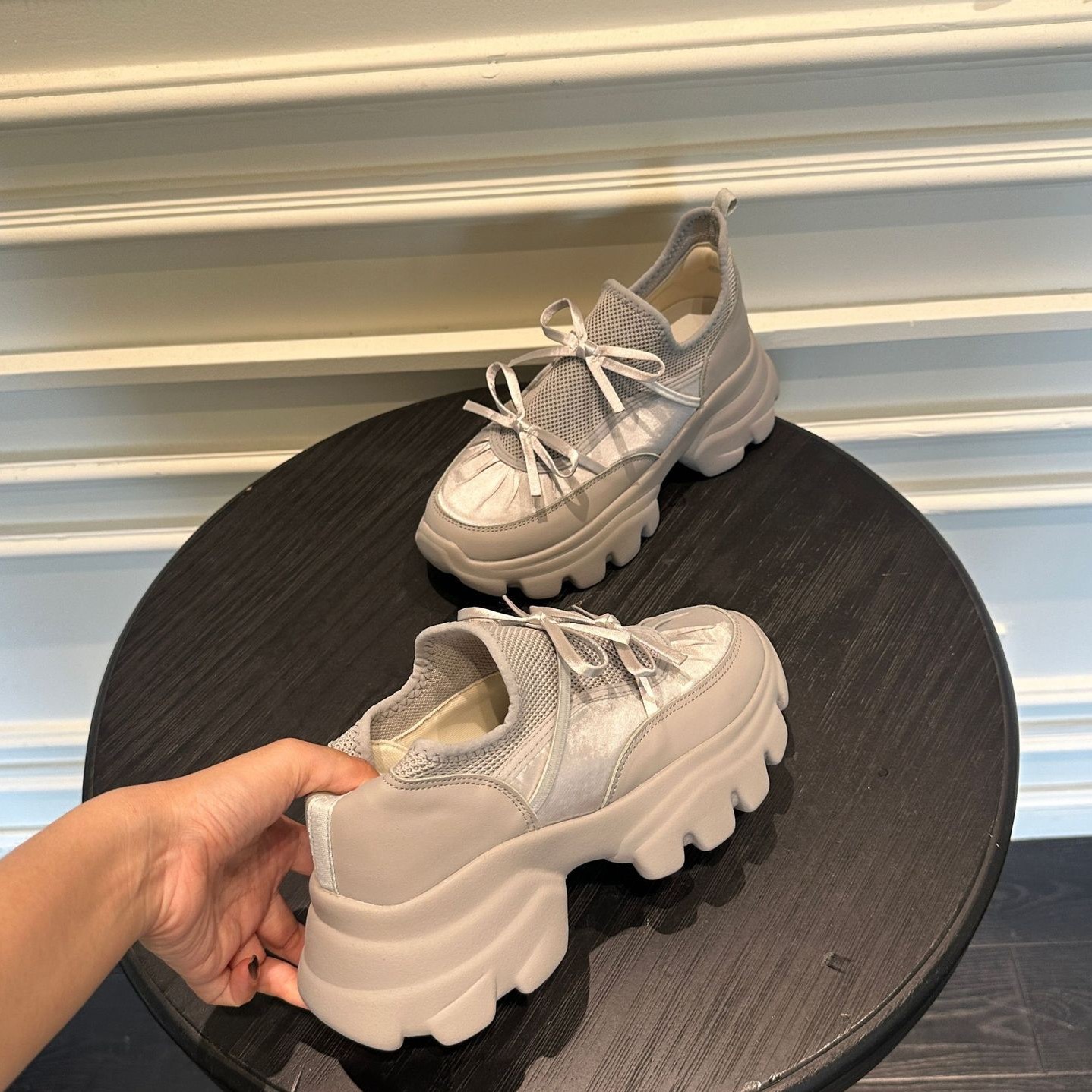 Women's Sports Designer - Thick soled Height Boosting Round free shipping Head Luxury shoes Bow Hot