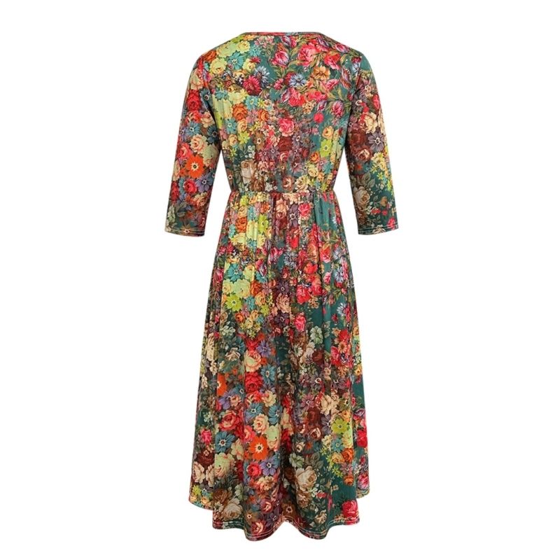 Women's Autumn Winter Fashion Floral Print Long Sleeve Dress - Elegant Versatile Waist - cinching V - Neck Midi Dress-CF51172
