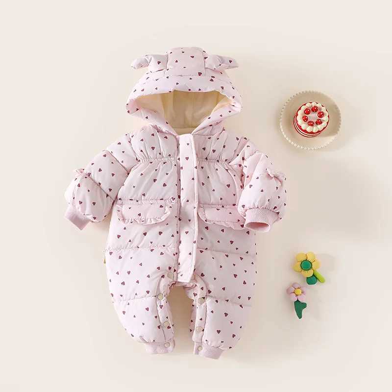 Winter Kids Girls Rompers Dot Printed Hooded Jumpsuits For 03Y Newborn Girls Cotton Padded Parkas For Infant Baby Girls C251009