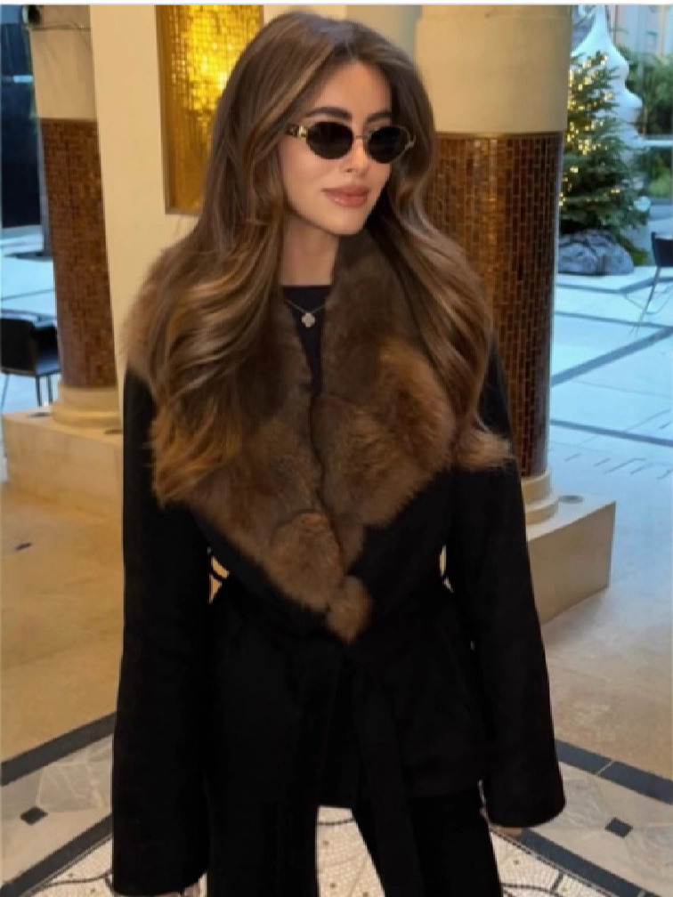 2025 autumn and winter new product temperament socialite fur collar waist cinching strap woolen coat jacket high-end feeling