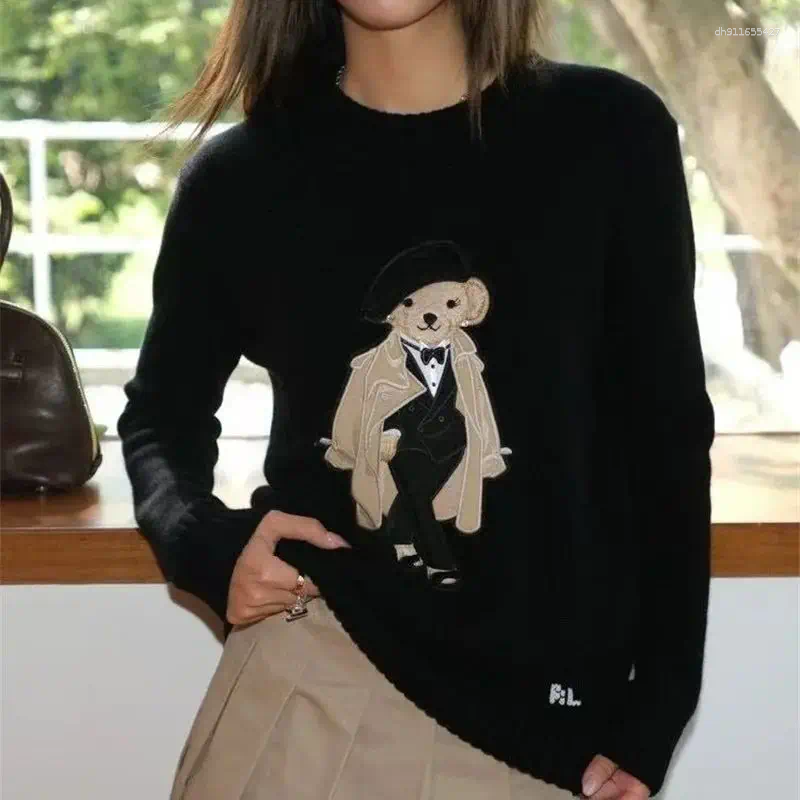Women's Sweaters Autumn Bear Embroidery Sweater Classic Preppy Knit Pullover Loose Long Sleeve Round Neck Casual Wool Knitwear Top A090