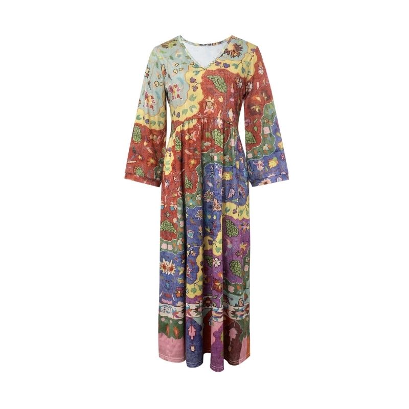 Women's Autumn New Plant Print V - Neck Long Sleeve Maxi Dress - Fashion Vacation Milk Silk Dress-CF51105