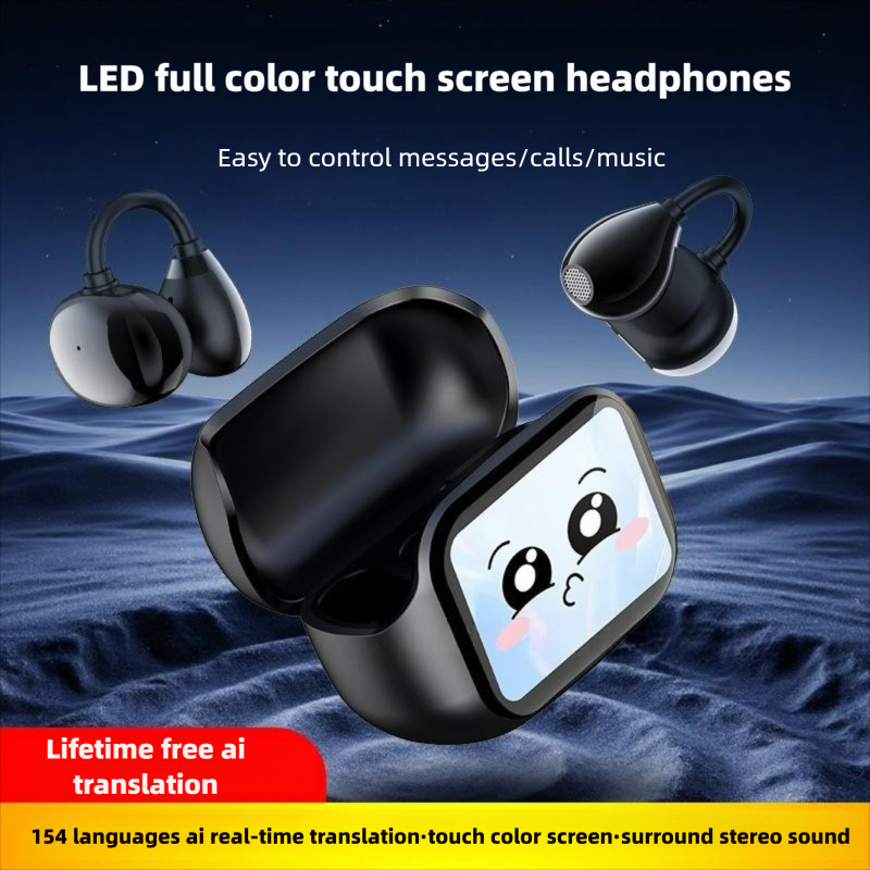 Over-Ear Wireless Bluetooth Earbuds with AI Translation, Full-Color Touchscreen, Long Battery Life & Clear Bluetooth Calling - For Daily Use, Travel, 