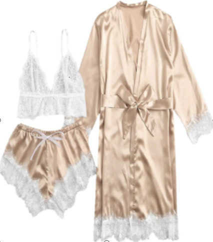 Pink Stripe Robe and Pajamas Set Women Silk Satin Lace Sleepwear Summer Sexy Faux Silk Pajamas Bathrobe Homewear Night Robe Set Z2500806