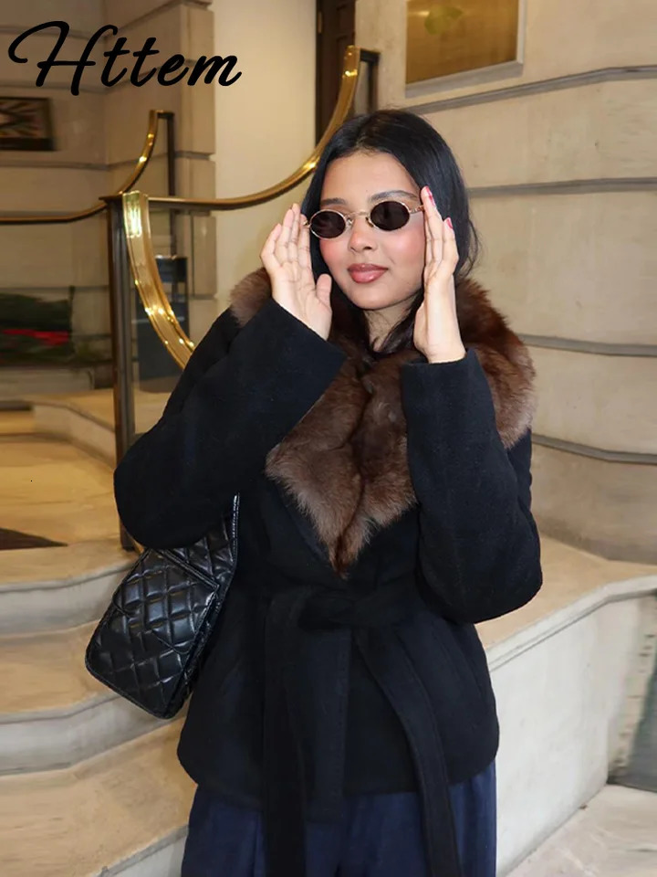 Elegant Shawl Faux Fur Women Coat Lace Up Full Sleeve Belted Waist Lapel Woolen Female Jacket Autumn Winter Lady Outwears 251008