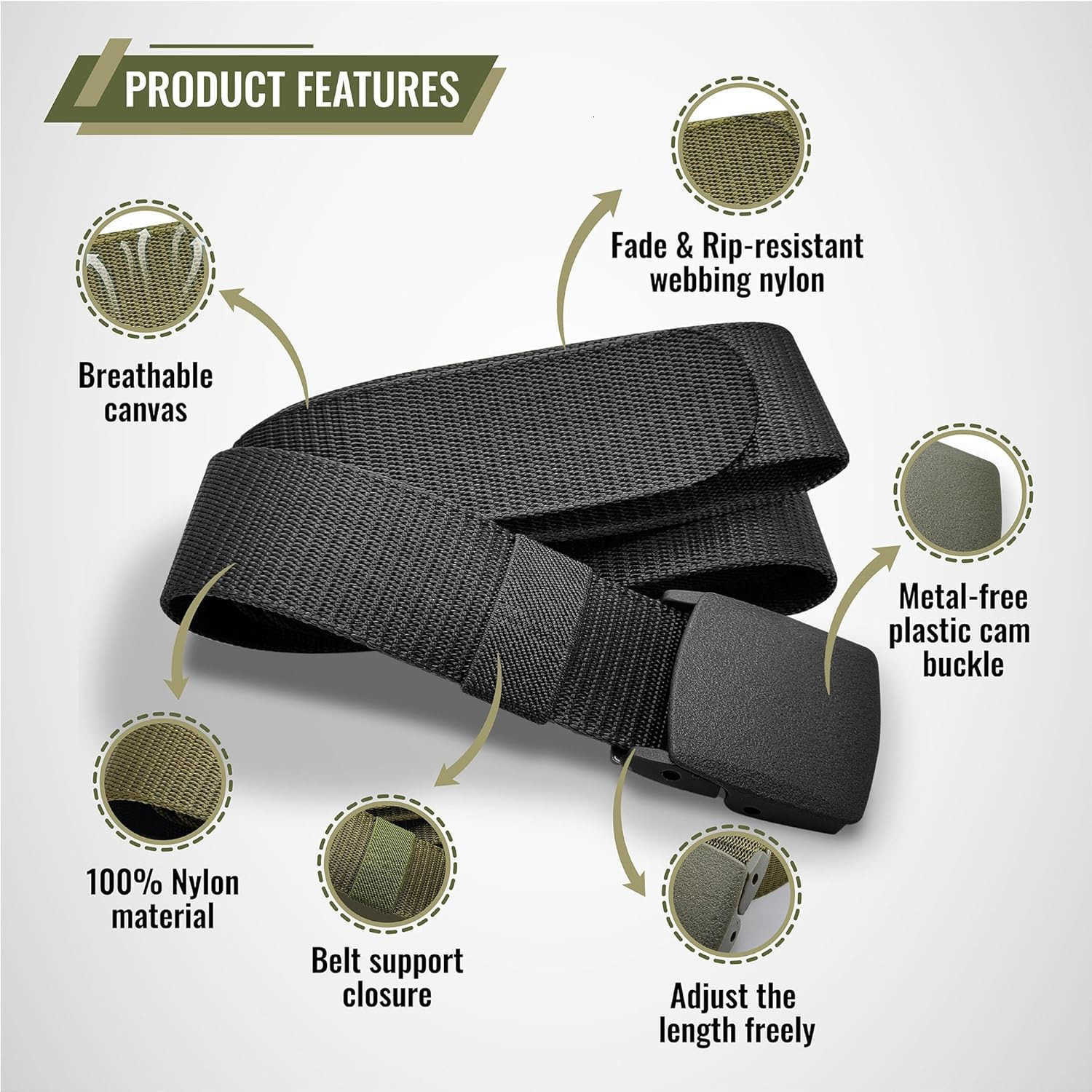 Nylon Belts for Men Work Belt AdjustabLE Slide Plastic Web Canvas Belt for Outdoor Airport friendly W251009