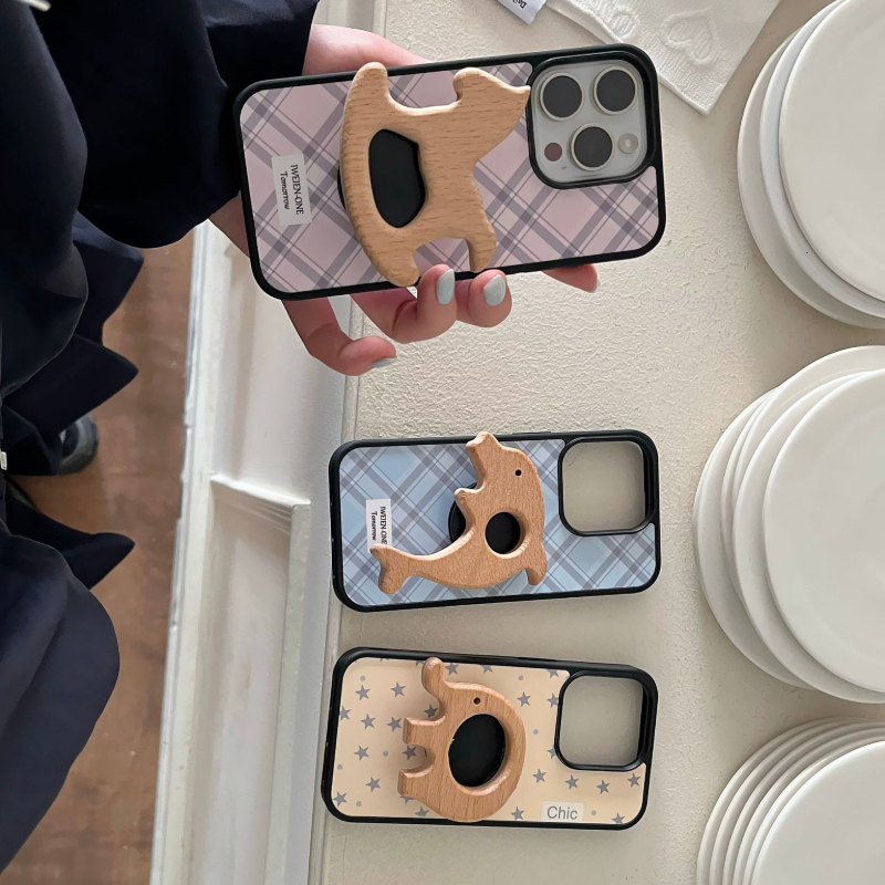 Compatible with iPhone 17 Case Cute Pink Grid Aesthetic Design Ins Style Pattern Wooden Horse Stand Shockproof TPU Hard PC Protective Cover for Girls 