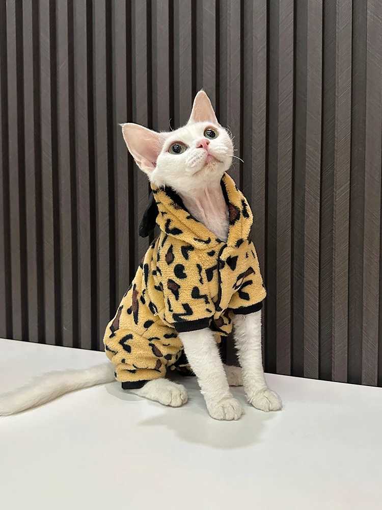 Cat Clothes Winter Warm Fleece Leopard Pattern hooded Sweatshirt for Sphynx thick Costume for Kittens Soft Coat for Devon C251009