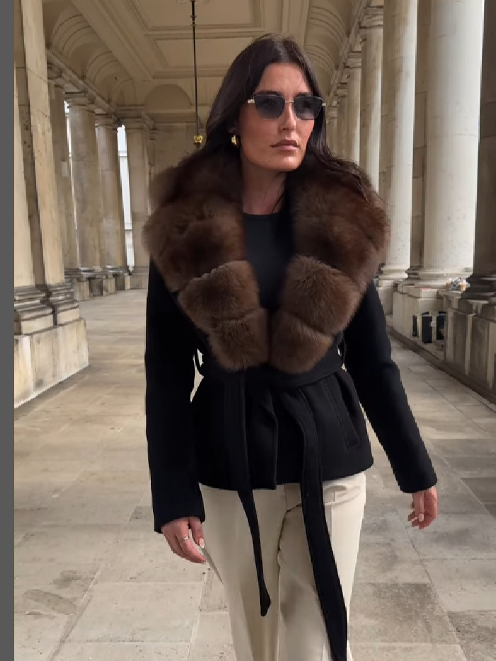 2025 autumn and winter new product temperament socialite fur collar waist cinching strap woolen coat jacket high-end feeling