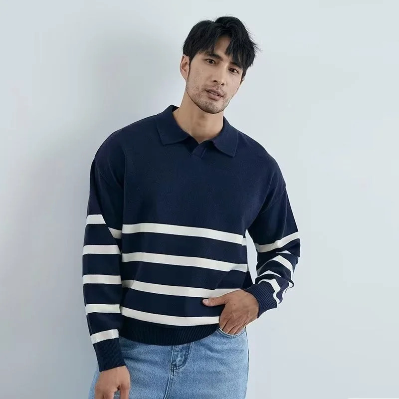 Autumn Simple Lapel Striped Sweater For Men Casual Vintage Korean Fashion Knitwear Top Y2K Loose Knitted Pullover Jumper 251009