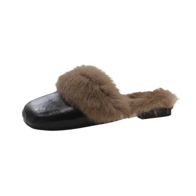 new designer sier leather winter slippers wen square toe fur slides shoes flat heel plush padded warm mes pantuflas mujer Y251009