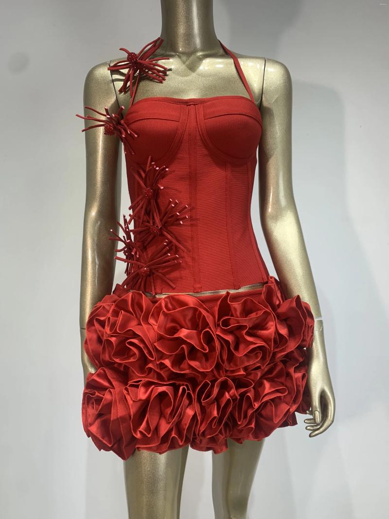 Casual Dresses Two-Piece Set Red Bandage Halter Corset Top & Rose Mini Skirt for Women - Evening Club Party Outfit C260312