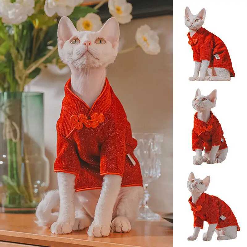 Warm Sphinx Cat Vest Clothes Hairless Cat Pet Red Qipao New Year Dress Sphynx Cat Comfortable Clothes Pets Supplies C251009