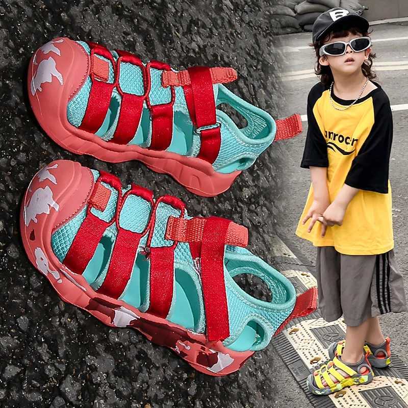 Childrens sports sandals 2025 summer new girls Velcro toe cap sandals lightweight anti slip boys beach shoes J251027