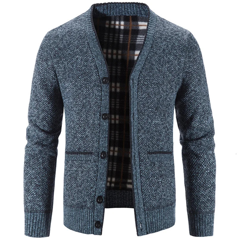 Mens Knit Cardigan Autumn Winter Sweater Coat Man Clothes Brown Blue y Button Fleece Lined Male Knitting Jackets 2501008