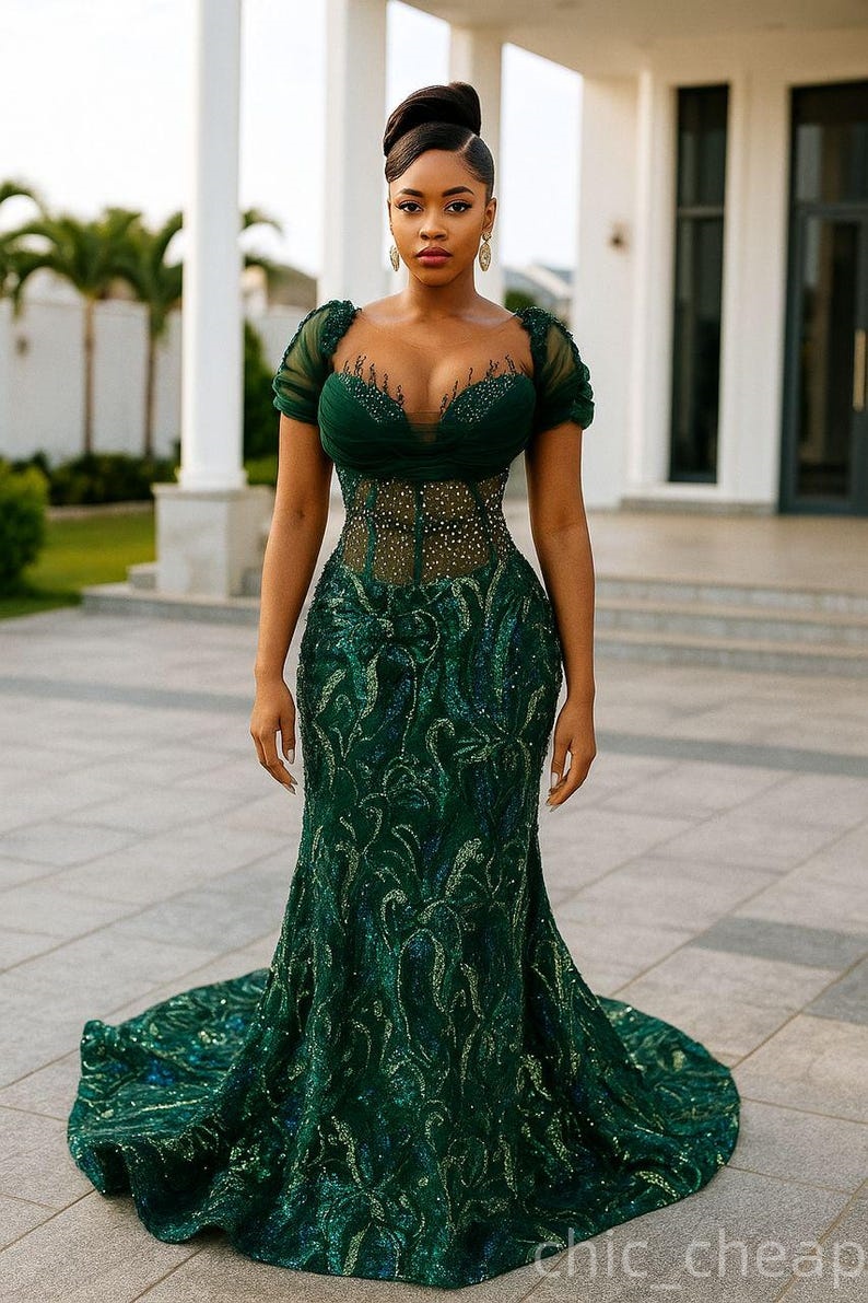 Mermaid Dark Green Prom Dresses 2025 Beaded Lace Sheer Neck Vintage Evening Formal Party Second Birthday Engagement Gowns Plus Size Dress For Special 