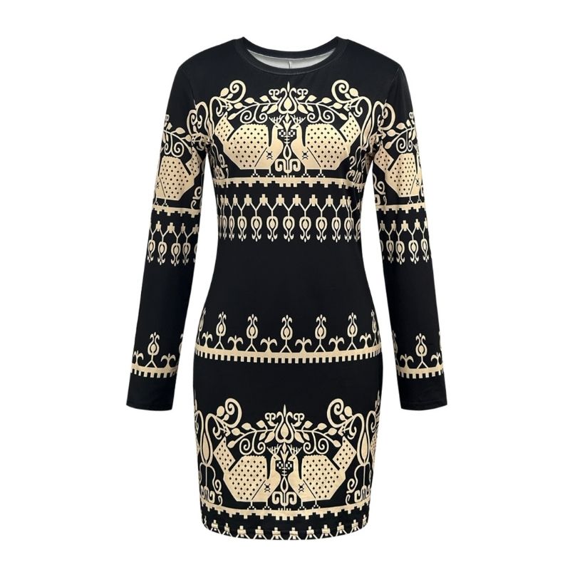 Women's Vintage Floral Bodycon Dress - Sexy Mature Milk Silk Long Sleeve Mini Dress-CF51167