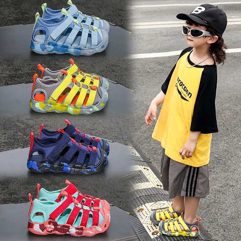 Childrens sports sandals 2025 summer new girls Velcro toe cap sandals lightweight anti slip boys beach shoes J251027