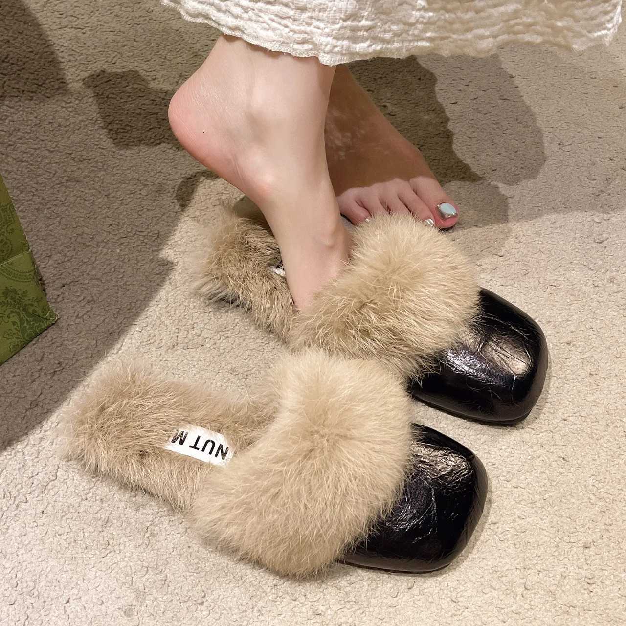 new designer sier leather winter slippers wen square toe fur slides shoes flat heel plush padded warm mes pantuflas mujer Y251009