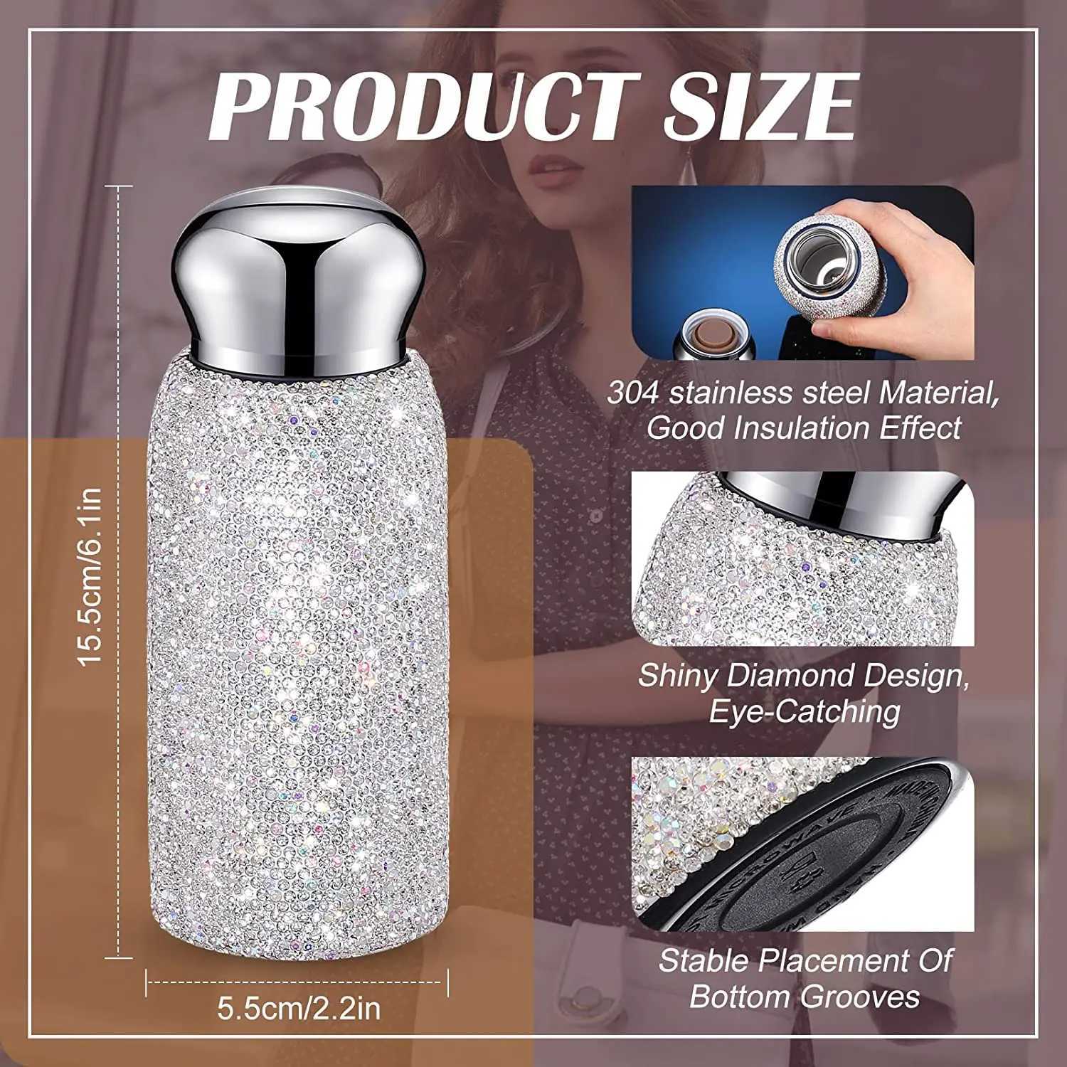 Rhinestone Water Bottle 260ML Diamond Insulated cups Luxurious Stainless Steel Thermos Mug LeakProof Water Cup for Coffee C251008