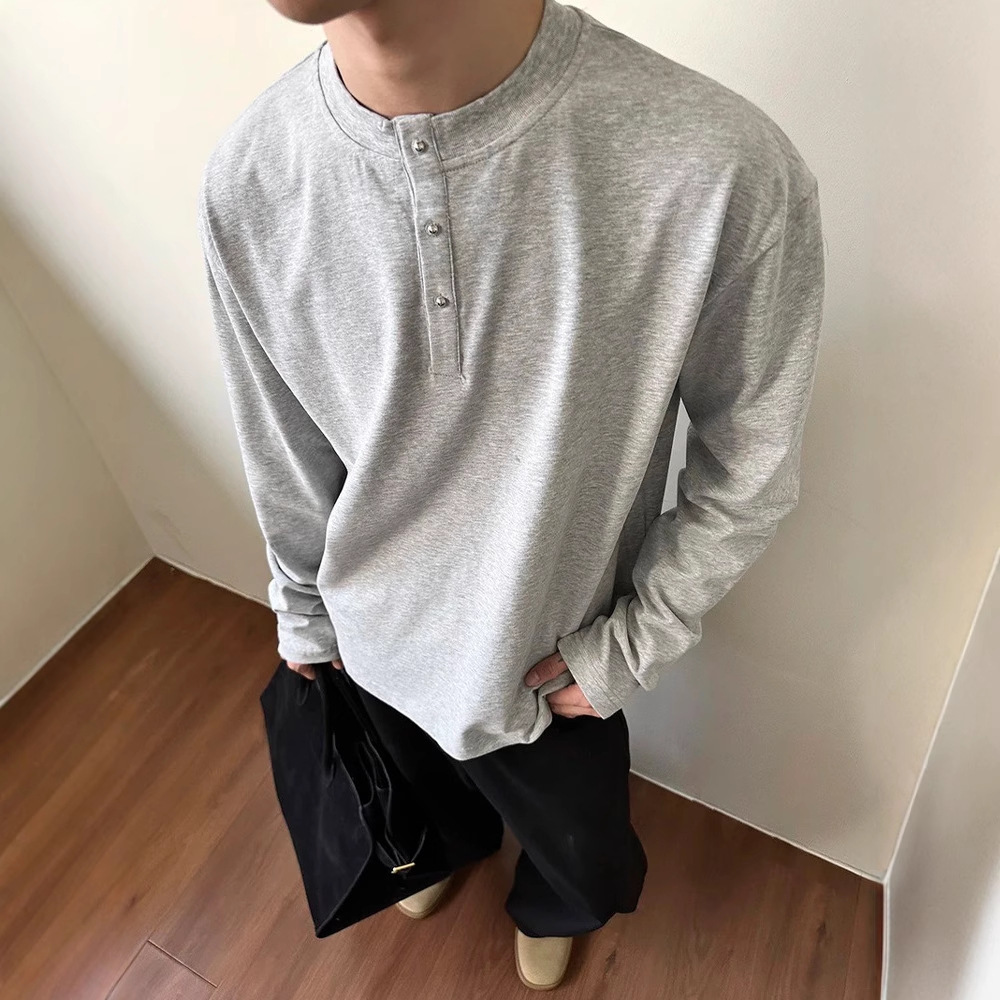 Designer Hoodie Light Gray American Style Henley Collar Long Sleeve Men's Spring And Autumn Designer Shirt High-end Silhouette T-shirt Cleanfit S