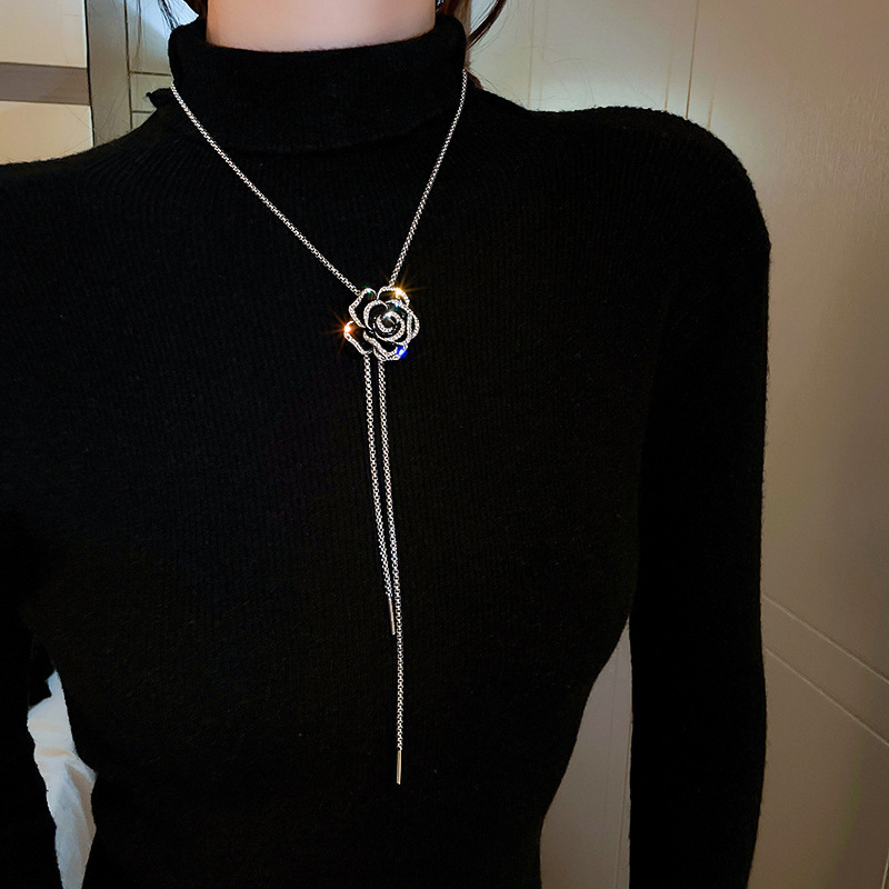 Camellia Zircon Oil Drop Adjustable Necklace Niche Sweet Cool Style Long Tassel Sweater Chain Fashion Light Luxury Jewelry - view 5