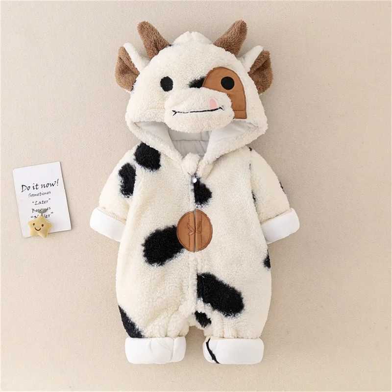 Cute Winter Baby Girls Boys Hooded Romper Plush Cow Print Zipper Jumpsuit Toddler Long Sleeve Cartoon Playsuits Party Costume C251009