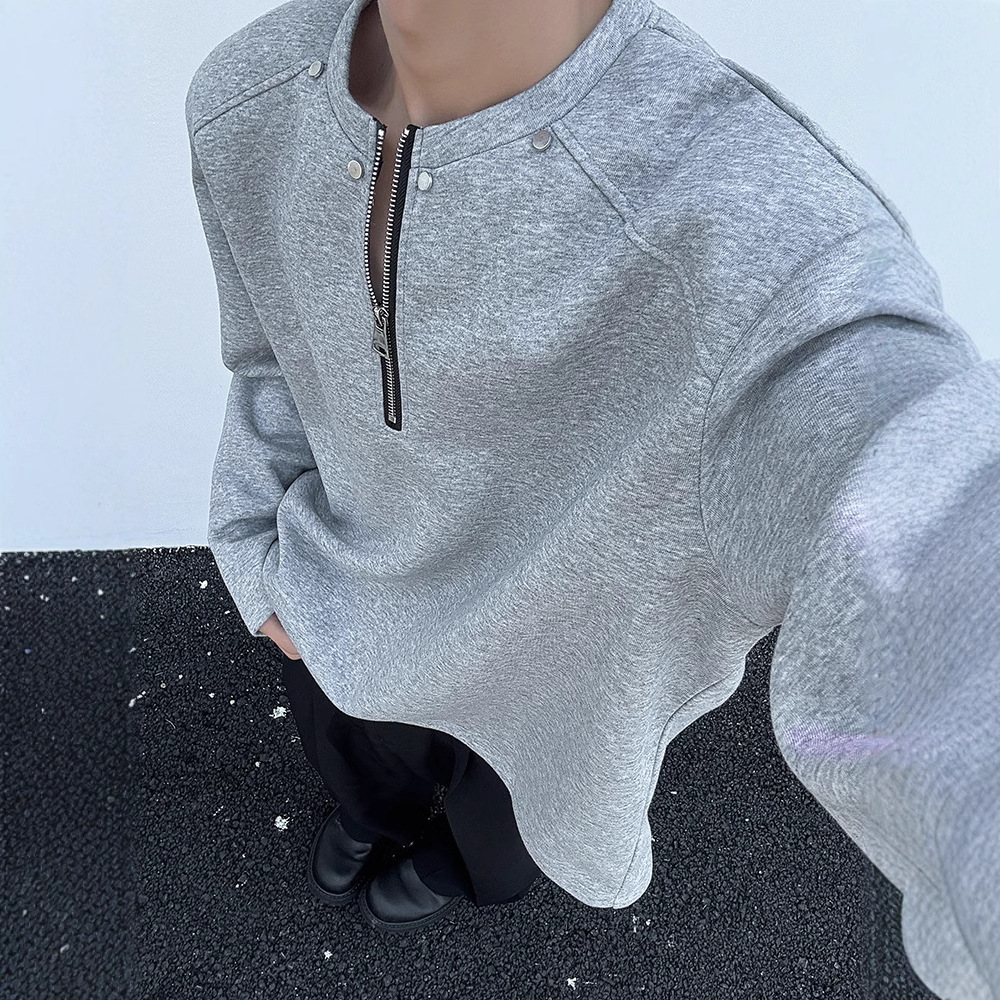 Half-zip Deconstructed Niche Design Floral Designer Hoodie Gray Padded Shoulder Sweatshirt Men Autumn Cleanfit Designer Shirt Heavyweight Long Sleeve T-shirt