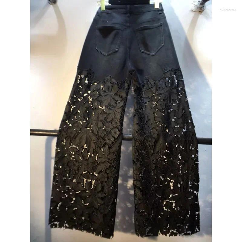 Women's Jeans Summer Denim Patchwork Hook Flower Hollow Lace Straight Leg Wide Pants Casual High Waist Heavy Embroidery Rhinestone Z260313