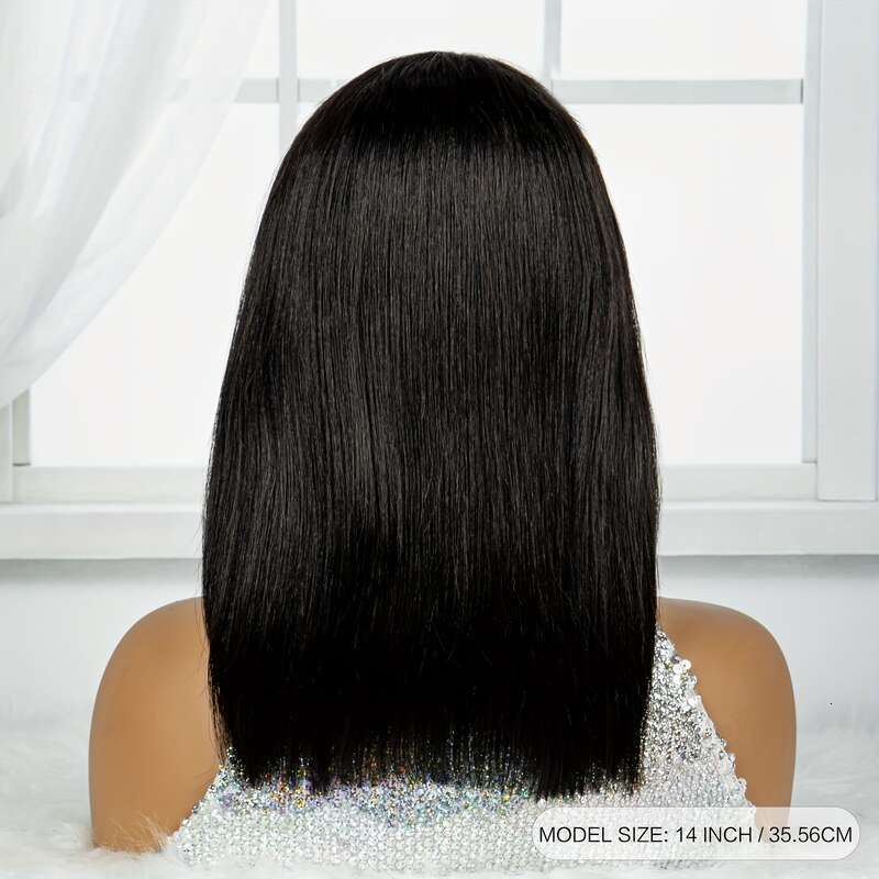 Short Bob Cut With Bangs Glueless Straight Braizilian Human Synthetic Hair Wigs For Women 8-14 Inch