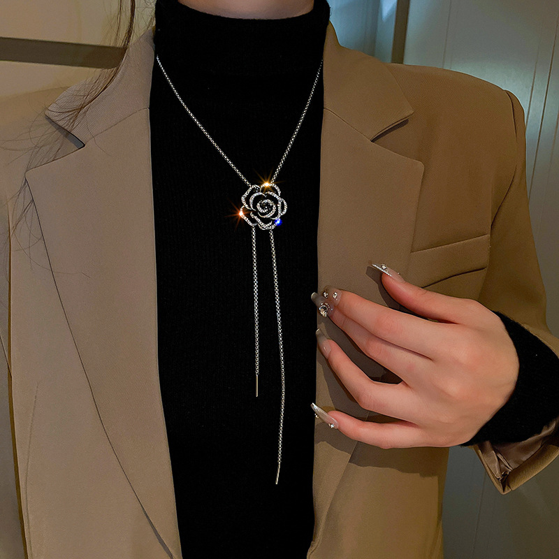 Camellia Zircon Oil Drop Adjustable Necklace Niche Sweet Cool Style Long Tassel Sweater Chain Fashion Light Luxury Jewelry - view 3